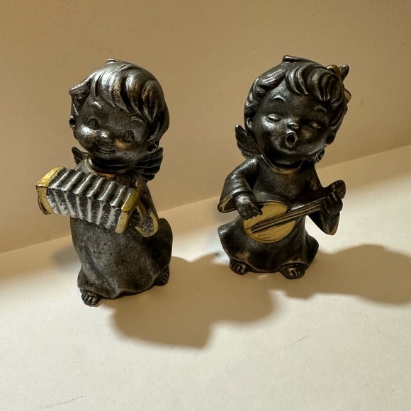 Vtg Napco Ware Musician Angel Figurine Set Christmas Pewter Gold Bisque C-9308 - Picture 1 of 5